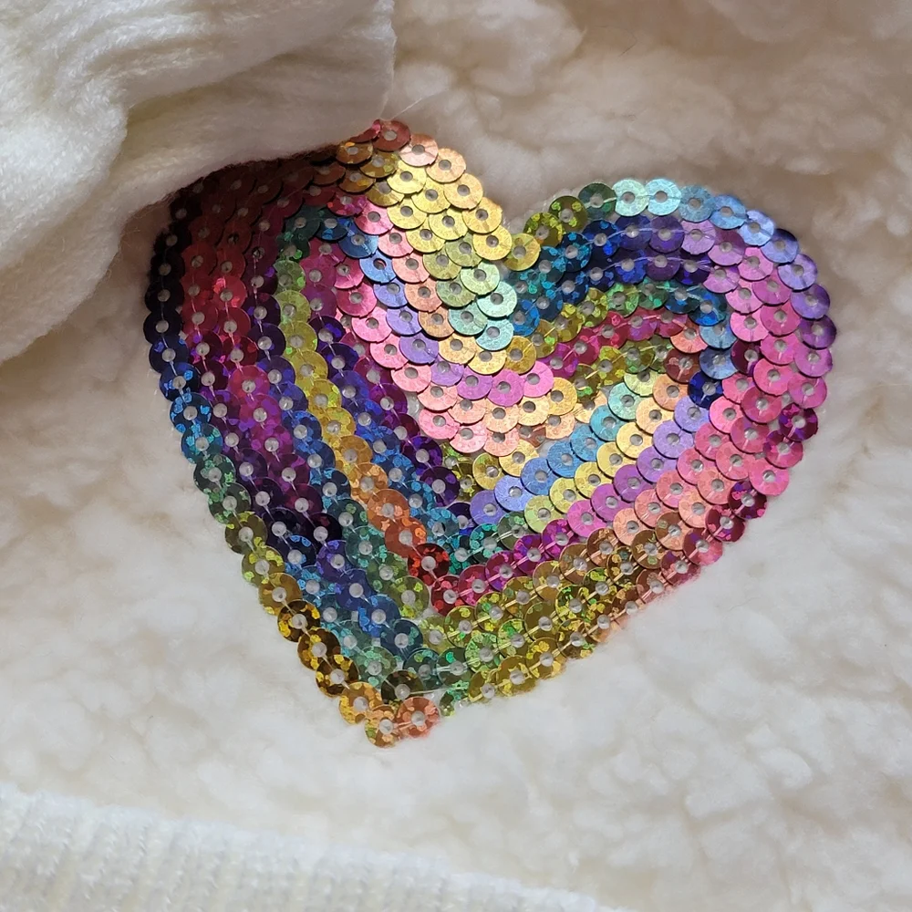 Fuzzy Rainbow Sequin Heart Hat and Glove Set